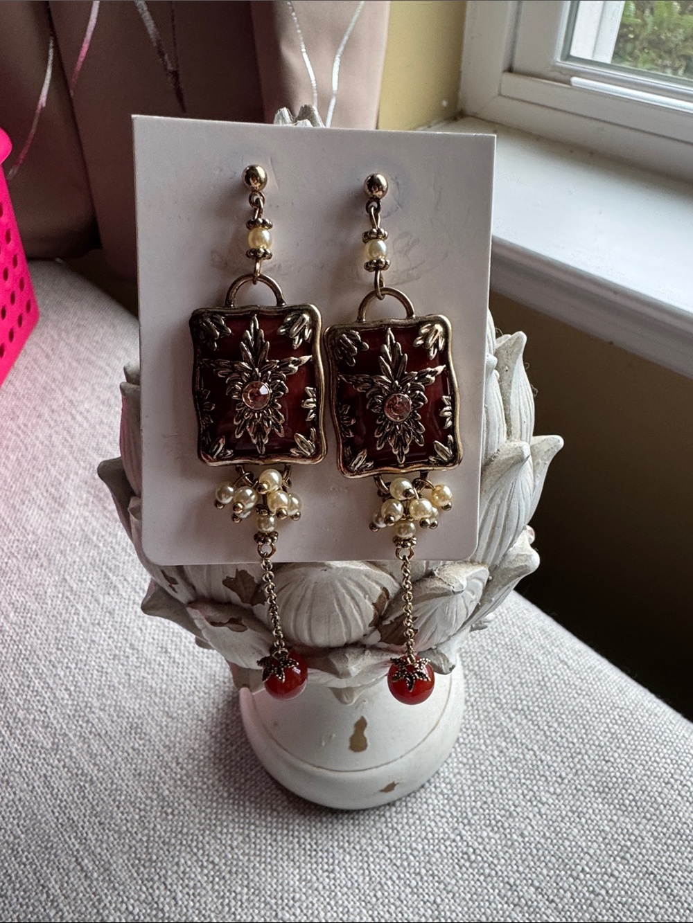 Gold-Tone Red Floral Drop Earrings with Pearl Clusters